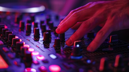 Wall Mural - Music mixing board. DJ. Close-up of recording. Background audio track in dark recording Aesthetics of industrial machinery, multimedia, bright colors