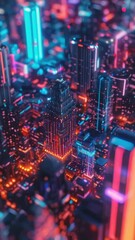 Wall Mural - A cityscape with neon lights and buildings is shown in a close up. The colors are bright and vibrant, giving the impression of a futuristic city. Scene is energetic and exciting