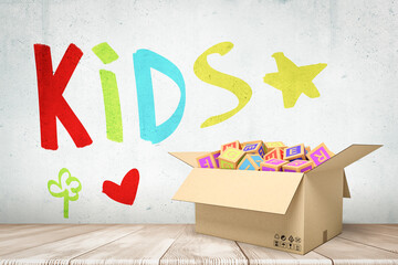 Poster - 3d rendering of cardboard box full of colorful ABC blocks