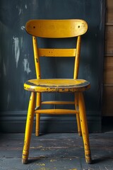 Canvas Print - A yellow chair sitting in front of a wall with paint peeling, AI