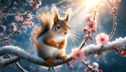 Poster - A curious squirrel perched on a snow-dusted branch during a crisp winter day. The background is softly blurred