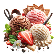 Wall Mural - A delectable arrangement of three scoops of ice cream on a transparent background, featuring chocolate, strawberry, and vanilla flavors