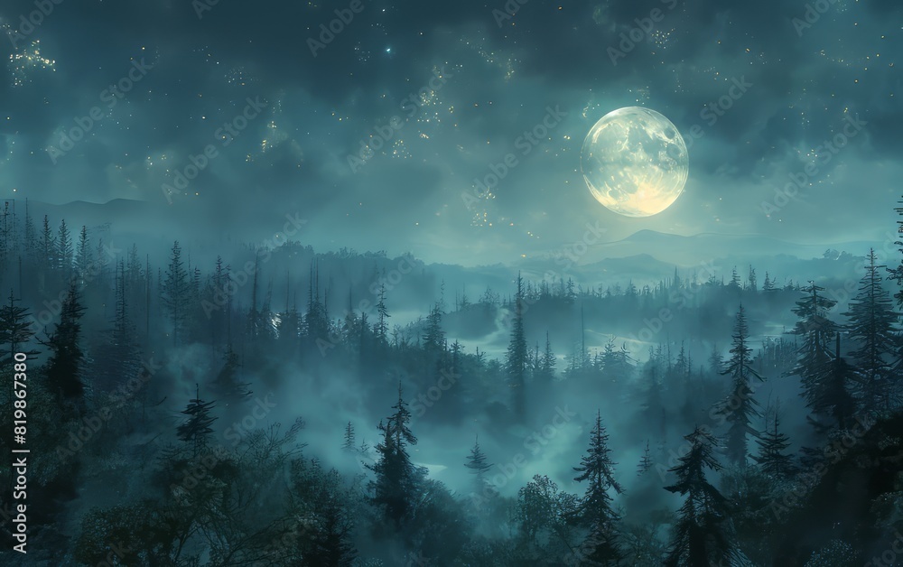 Enchanting moonlit forest landscape, misty trees under a starry night ...