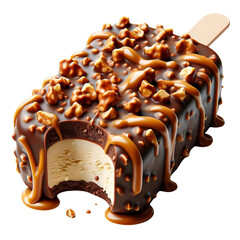 Wall Mural - A realistic ice cream bar on a wooden stick, covered in chocolate with caramel drizzle and sprinkled with crushed nuts on a transparent background