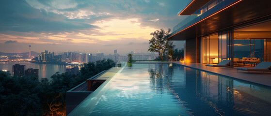 Wall Mural - A sleek house with a rooftop infinity pool offering stunning city views.