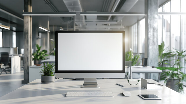 Sleek desktop PC mockup with a blank screen, isolated on a transparent background, featuring a silver stand, perfect for design projects using PNG and clipping path.