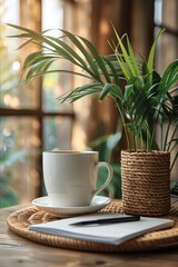 Sticker - A cup of coffee on a table next to some plants, AI