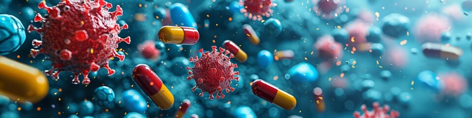 Sticker - Virus treatment in microbiology, combating epidemics through medicine and supplements.