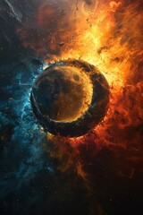 Poster - A close up of a crescent moon in the middle of an orange and blue fire, AI