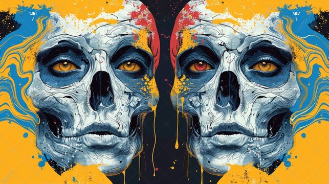 Two skulls with yellow eyes are painted on a colorful background, AI