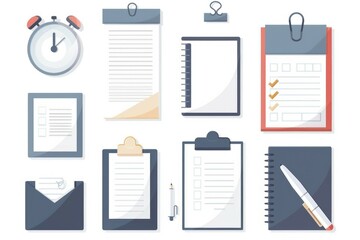 Poster - Office supplies set including clock, notepad, pen, and clipboard. Suitable for business and office-themed projects