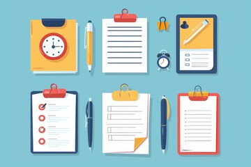 Poster - Office supplies set including clipboard, pen, and clock. Perfect for business and time management concepts
