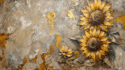 Wall Mural - Beautiful sunflower with golden leavs on decorative background as wallpaper illustration, Elegant Yellow Gold Flower