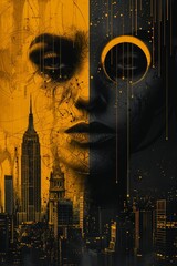 Poster - A woman with a yellow face and black eyes in front of cityscape, AI