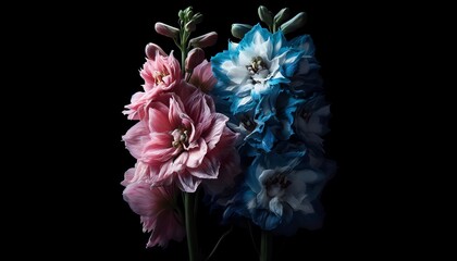 Two large Pacific Giant delphinium flowers in a dark background