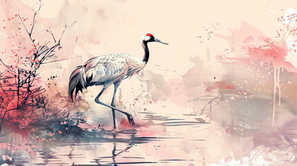 Watercolor painting of a crane wading in a serene water setting with soft pink and red artistic elements.