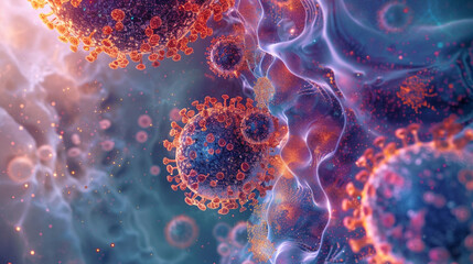 Sticker - A microscopic view of X virus replication within host cells, demonstrating the molecular mechanisms underlying viral pathogenesis. 32K.