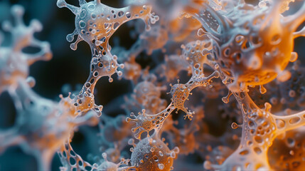 Wall Mural - A macro photograph capturing the intricate surface features of the X virus, resembling a complex network of molecular machinery. 32K.