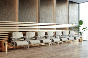 Poster - Modern waiting area with plush chairs against a dark textured backdrop, wooden slats, and a city view. 3D Render