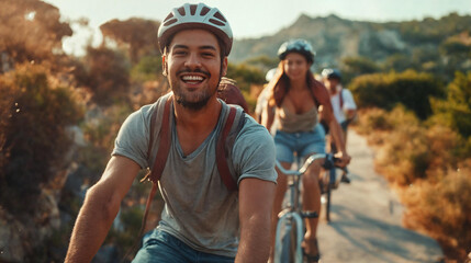 Happy friends riding bicycles outside, healthy lifestyle fun concept