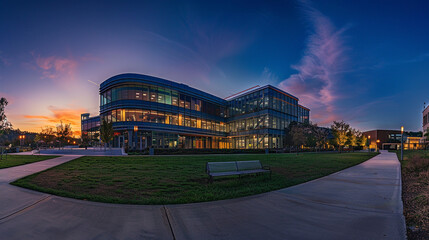 Sticker - A panoramic photograph of the research facility at dusk, symbolizing the tireless efforts of scientists in the fight against the X virus. 32K.