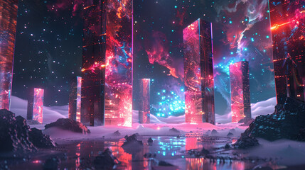 Wall Mural - A surreal landscape featuring towering quantum processors, their qubits aglow with the promise of unlocking new frontiers in computation. 32K.