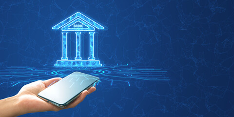Poster - Hand holding a smartphone with a digital bank icon hologram, on a blue circuitry background, concept of mobile banking