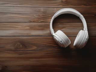 Mockup of blank white wireless headphones on a wooden surface with copy space