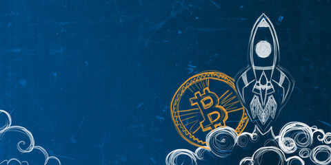 Poster - A hand-drawn rocket and Bitcoin icon on a blue chalkboard, representing the concept of cryptocurrency launch. 3D Rendering