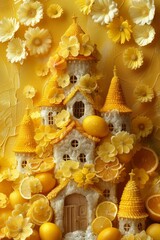 Poster - A castle made of lemons and oranges with flowers on top, AI