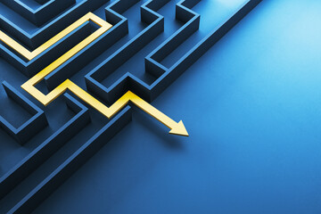 a yellow arrow navigating through a blue maze, symbolizing problem-solving, on a blue background. 3d