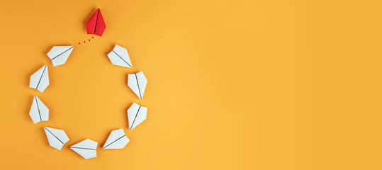 Poster - A red paper plane leading a group of white paper planes on orange background, symbolizing leadership or teamwork concept. 3D Rendering