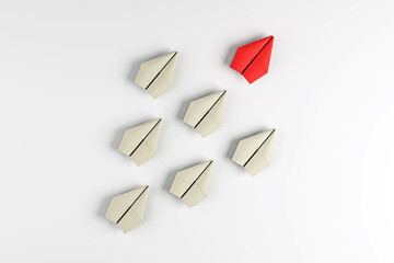 Poster - Paper planes on a white background, one red among beige, symbolizing leadership or uniqueness. 3D Rendering