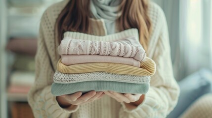 Close up of a woman holding a clothes pile stack of clean , a shirt and sweater with pastel colors and a blurred background