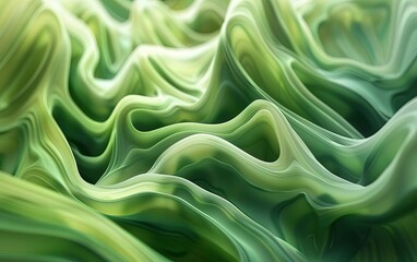 Poster - Abstract green waveforms, fluid and smooth textures, representing movement and organic shapes in a calming green palette.