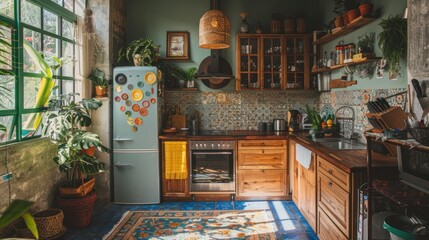 bohemian kitchen with eclectic decor, colorful textiles, and an abundance of plants, promoting a lively and artistic vibe