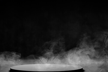 Podium black dark smoke background product platform abstract stage texture fog spotlight. Dark black floor podium dramatic empty night room table concrete wall scene place display studio smoky dust.