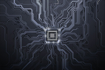 Poster - Abstract technology chip processor background circuit board and html code,3D illustration blue technology background vector.