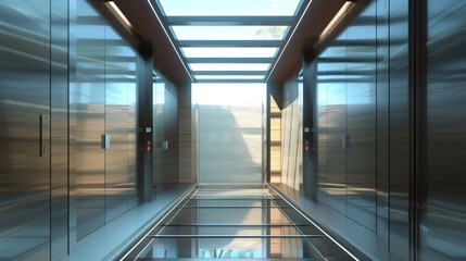 Poster - Shows a modern, sleek elevator lobby with glass and steel finishes, a glass ceiling allowing natural light