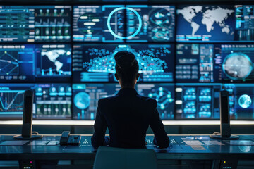 Wall Mural - A person is seated at a desk, facing a wall filled with multiple monitors displaying various information and data