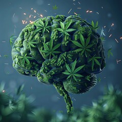 Human brain with cannabis leaves integrated into the neural structure, illustrating the therapeutic effects on mental health