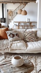 Poster - Cozy Living Room Featuring Contemporary and Vintage Knitted Decor, Warm Homely Atmosphere with Daylight