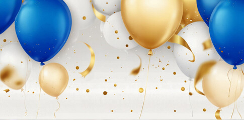 Birthday party decoration with blue and gold balls on the white background