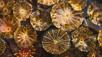 Poster - Symmetrical Aerial View of Golden Star Martinis in Intricate Geometric Pattern with Textured Background