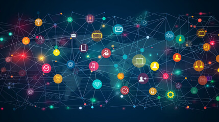 Wall Mural - vector illustration of a connected social network. Brightly coloured social media and communication icons are linked together like nodes between lines to create a wireframe icosahedron.