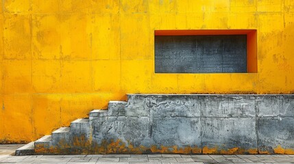 Canvas Print - A yellow wall with a window and steps leading up to it, AI