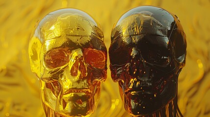 Wall Mural - Two gold and black skulls are sitting next to each other, AI