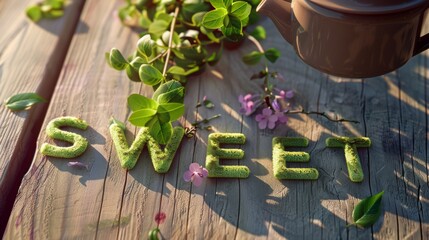 Canvas Print - Morning Light on Green Stevia Leaves Spelling 'SWEET' on a Wooden Kitchen Counter