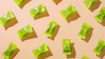 Aufkleber - Bright and Cheerful Pattern of Green Stevia Leaf Packets on a Light Beige Background