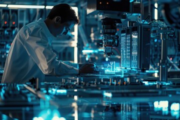 Poster - A man in a lab coat working on a computer. Suitable for science and technology concepts